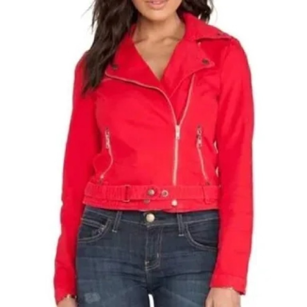 Current and Elliot Red Denim Moto Jacket